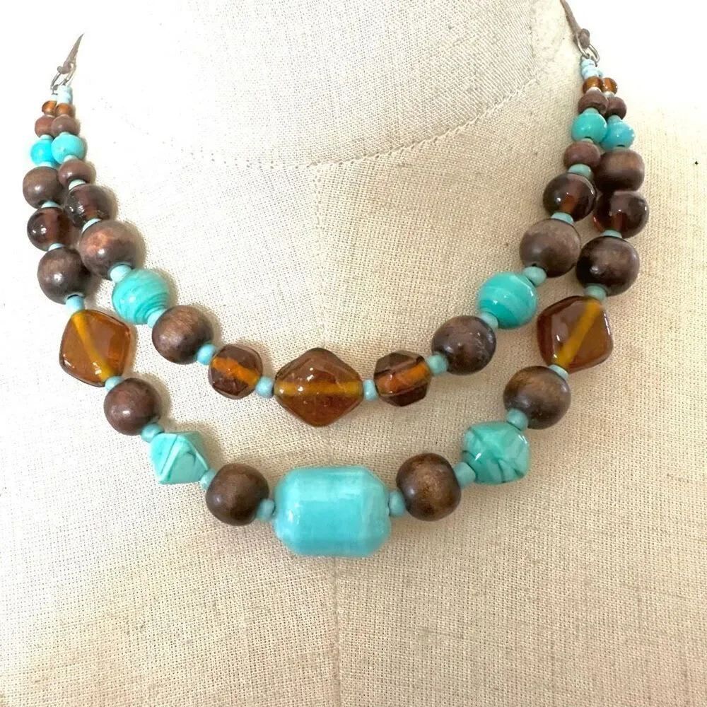 Blue and brown double strand beaded necklace